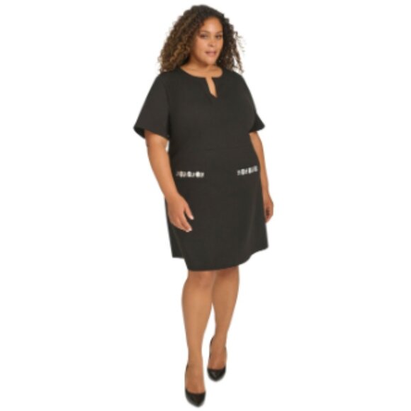 Tommy Hilfiger Plus Size Split-Neck Beaded-Pocket Dress - Black - Picture 1 of 4